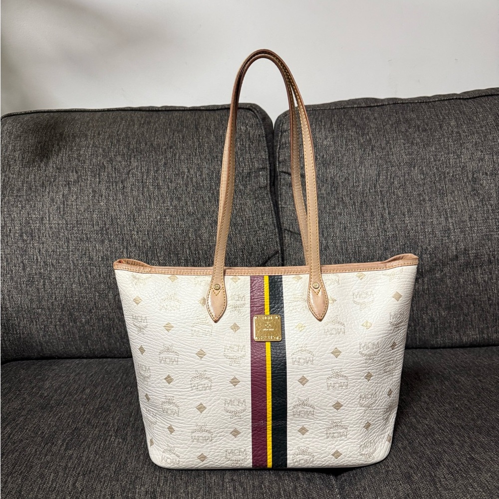 Authentic MCM Leather White Tote with Tan Trim and Multicolor Stripe Design